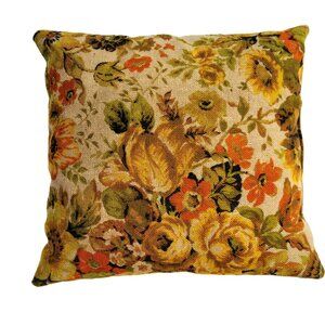 Retro Floral Throw Pillow With Yellow & Orange Rose Pattern 15" Square Tapestry
